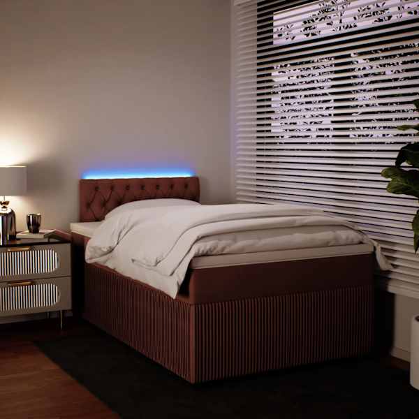 LED-valgustusega kontinentaalvoodi koos madratsiga, roosa, 120 × 190 cm, samet — mudel 3289997
