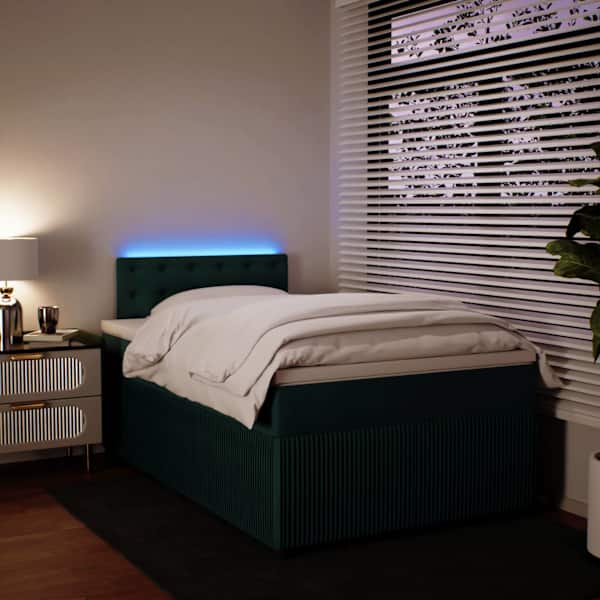 LED-valgustusega kontinentaalvoodi koos madratsiga, tumeroheline, 120 × 190 cm, samet — mudel 3290001
