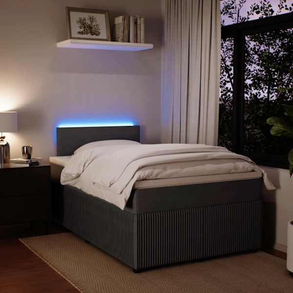 LED-valgustusega kontinentaalvoodi koos madratsiga, tumehall, 120 × 200 cm, samet — mudel 3290005