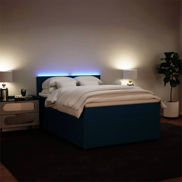 LED-valgustusega kontinentaalvoodi koos madratsiga, sinine, 140 × 190 cm, samet — mudel 3290038