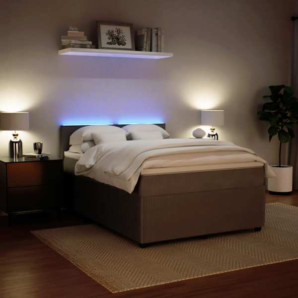 LED-valgustusega kontinentaalvoodi koos madratsiga, helehall, 140 × 200 cm, samet — mudel 3290052