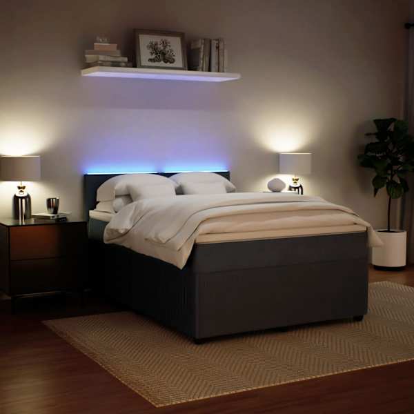 LED-valgustusega kontinentaalvoodi koos madratsiga, tumehall, 140 × 200 cm, samet — mudel 3290053