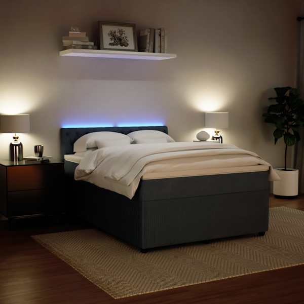 LED-valgustusega kontinentaalvoodi koos madratsiga, tumehall, 140 × 200 cm, samet — mudel 3290065