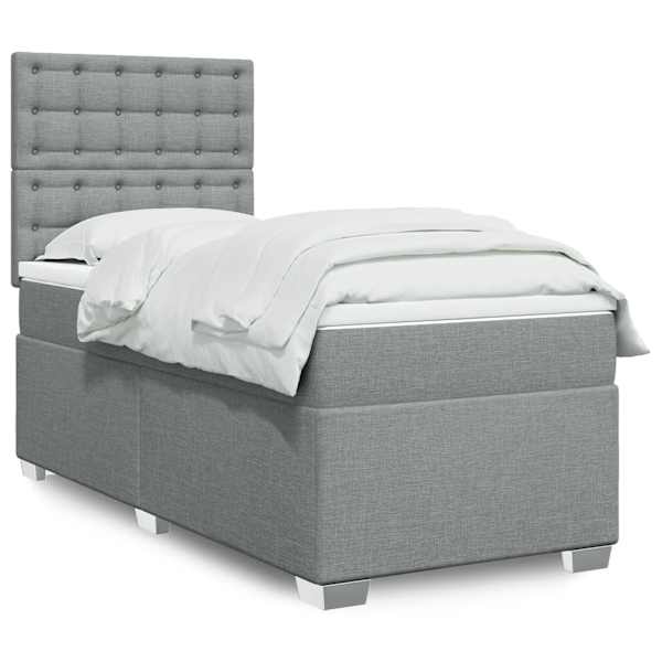 LED-valgustusega kontinentaalvoodi koos madratsiga, helehall, 100 × 200 cm, kangas — mudel 3292713