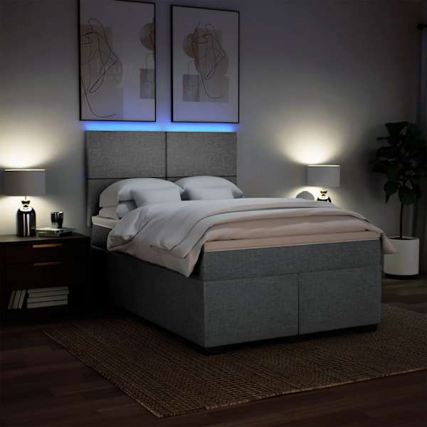LED-valgustusega kontinentaalvoodi koos madratsiga, helehall, 140 × 190 cm, kangas — mudel 3292776