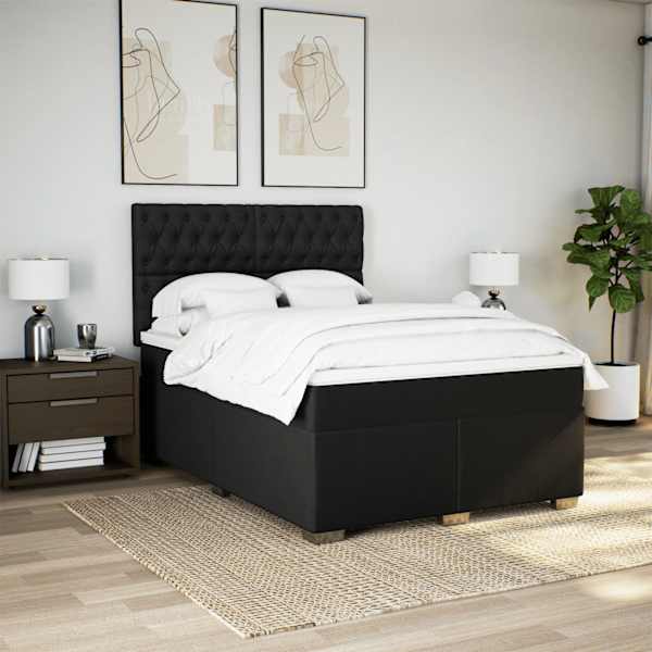 LED-valgustusega kontinentaalvoodi koos madratsiga, must, 140 × 200 cm, kangas — mudel 3292820
