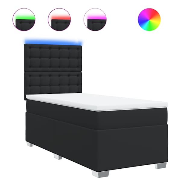 LED-valgustusega kontinentaalvoodi koos madratsiga, must, 100 × 200 cm, kunstnahk — mudel 3293008