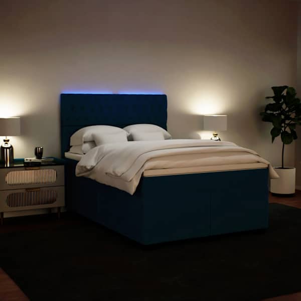LED-valgustusega kontinentaalvoodi koos madratsiga, sinine, 140 × 200 cm, samet — mudel 3293240