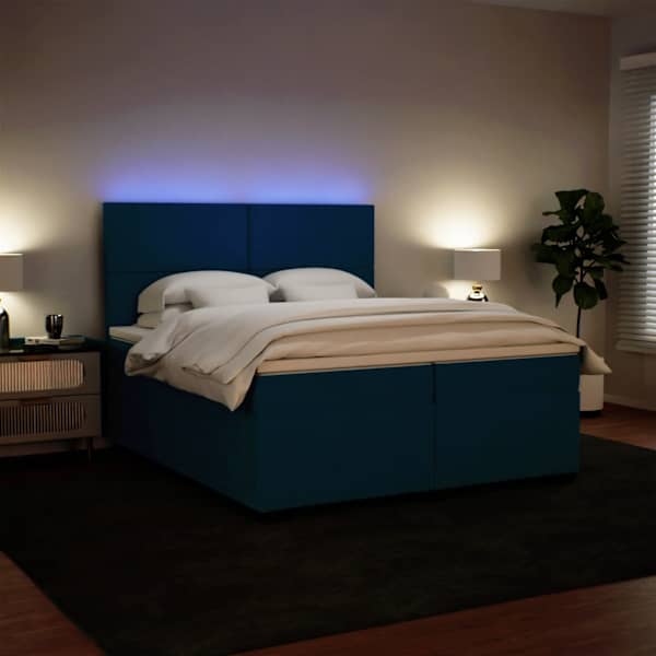 LED-valgustusega kontinentaalvoodi koos 2 madratsiga, sinine, 200 × 200 cm, samet — mudel 3293300