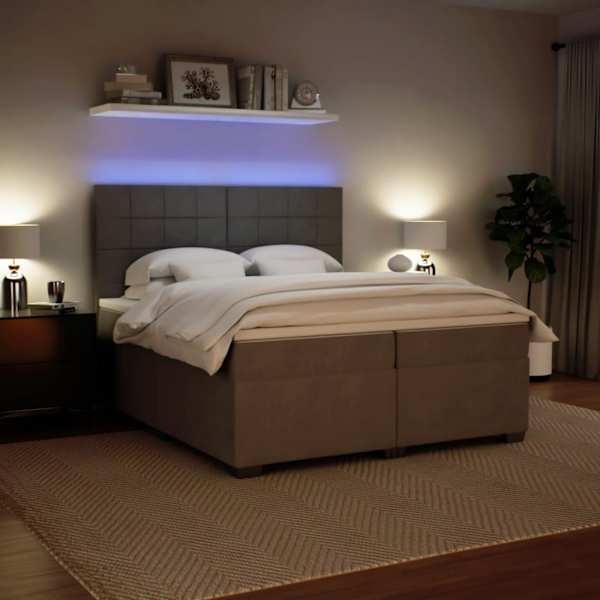 LED-valgustusega kontinentaalvoodi koos 2 madratsiga, helehall, 200 × 200 cm, samet — mudel 3293302