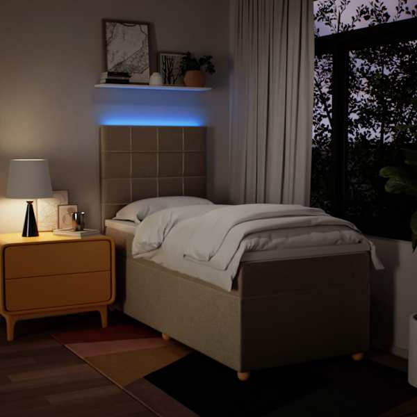 LED-valgustusega kontinentaalvoodi koos madratsiga, kreemjasvalge, 90 × 190 cm, kangas — mudel 3293440