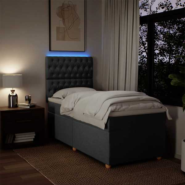 LED-valgustusega kontinentaalvoodi koos madratsiga, tumehall, 90 × 190 cm, kangas — mudel 3293443