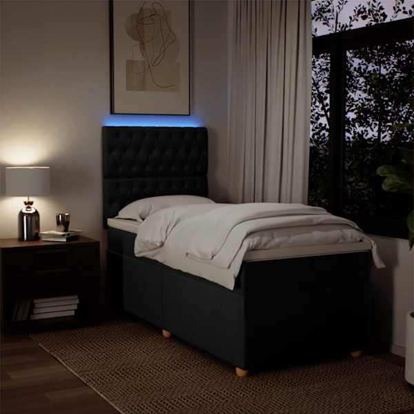 LED-valgustusega kontinentaalvoodi koos madratsiga, must, 90 × 190 cm, kangas — mudel 3293444