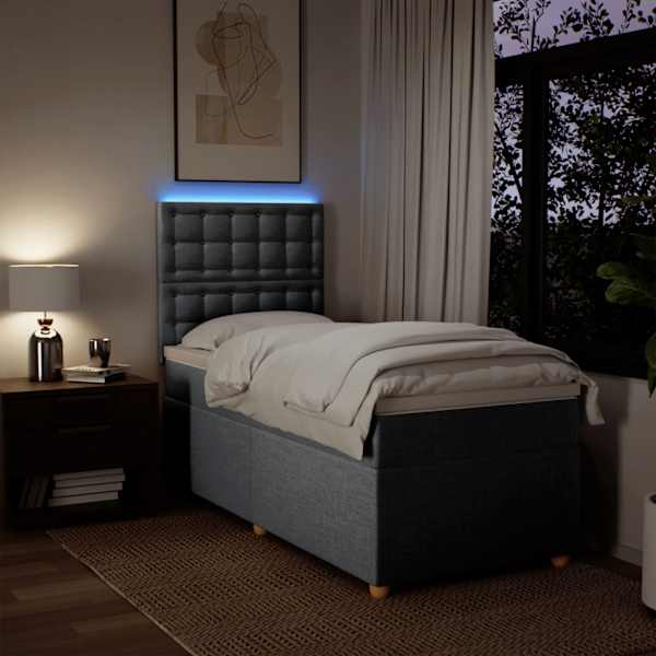 LED-valgustusega kontinentaalvoodi koos madratsiga, helehall, 90 × 190 cm, kangas — mudel 3293449