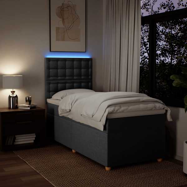LED-valgustusega kontinentaalvoodi koos madratsiga, tumehall, 90 × 190 cm, kangas — mudel 3293450