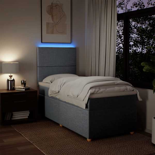 LED-valgustusega kontinentaalvoodi koos madratsiga, helehall, 90 × 200 cm, kangas — mudel 3293456