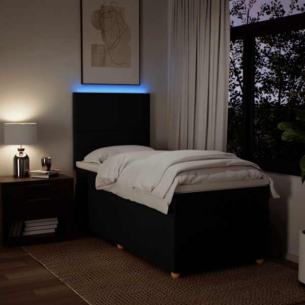 LED-valgustusega kontinentaalvoodi koos madratsiga, must, 90 × 200 cm, kangas — mudel 3293458