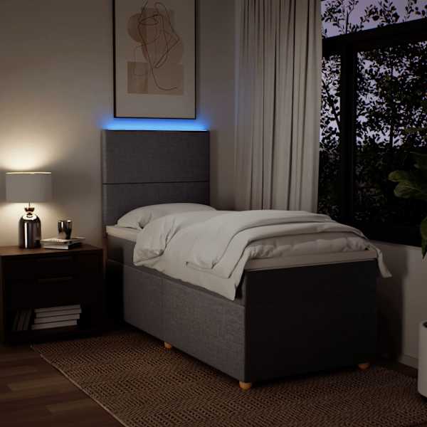 LED-valgustusega kontinentaalvoodi koos madratsiga, pruunikashall, 90 × 200 cm, kangas — mudel 3293460