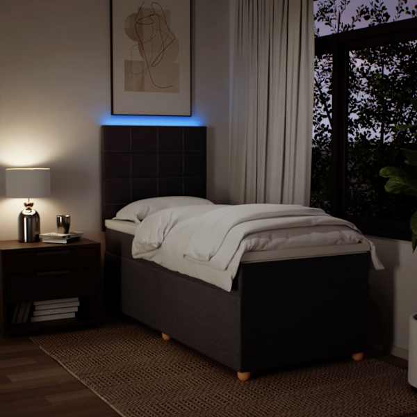 LED-valgustusega kontinentaalvoodi koos madratsiga, tumepruun, 90 × 200 cm, kangas — mudel 3293466