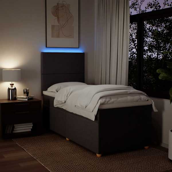 LED-valgustusega kontinentaalvoodi koos madratsiga, tumepruun, 100 × 200 cm, kangas — mudel 3293487