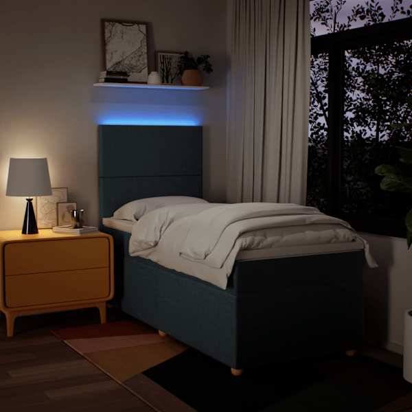 LED-valgustusega kontinentaalvoodi koos madratsiga, sinine, 100 × 200 cm, kangas — mudel 3293490