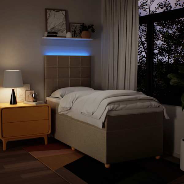 LED-valgustusega kontinentaalvoodi koos madratsiga, kreemjasvalge, 100 × 200 cm, kangas — mudel 3293496