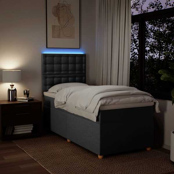 LED-valgustusega kontinentaalvoodi koos madratsiga, tumehall, 100 × 200 cm, kangas — mudel 3293506