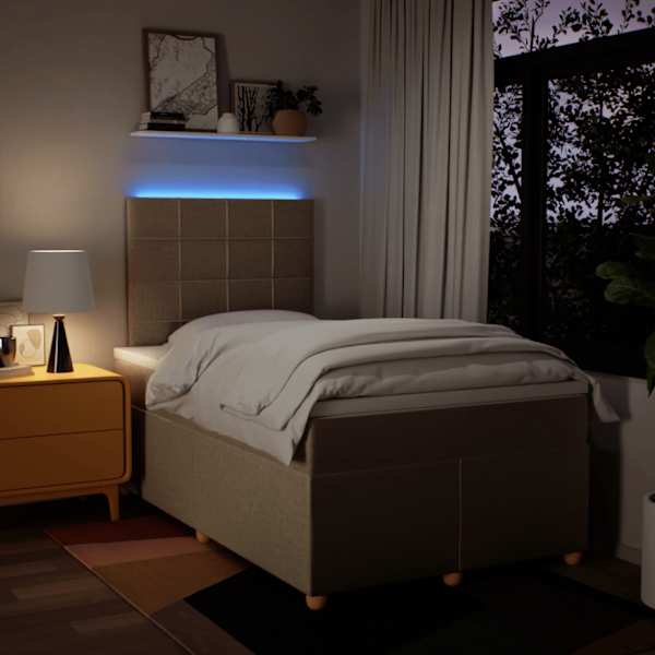 LED-valgustusega kontinentaalvoodi koos madratsiga, kreemjasvalge, 120 × 190 cm, kangas — mudel 3293524