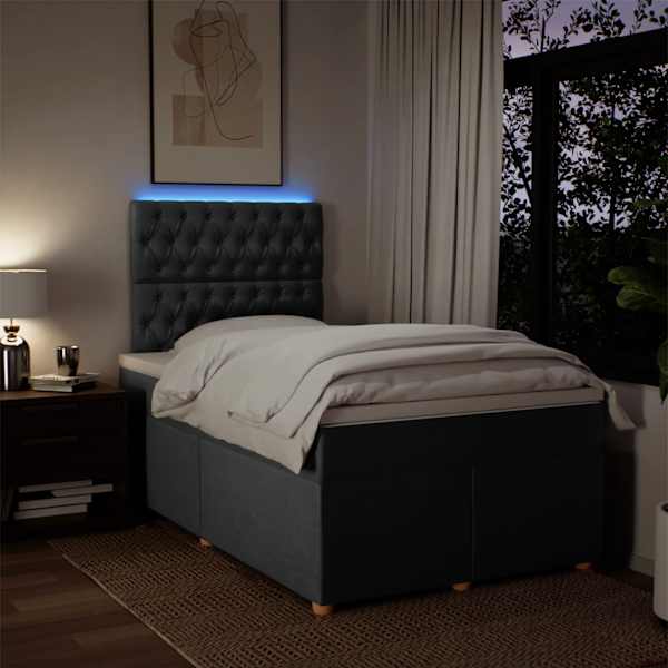 LED-valgustusega kontinentaalvoodi koos madratsiga, tumehall, 120 × 190 cm, kangas — mudel 3293527