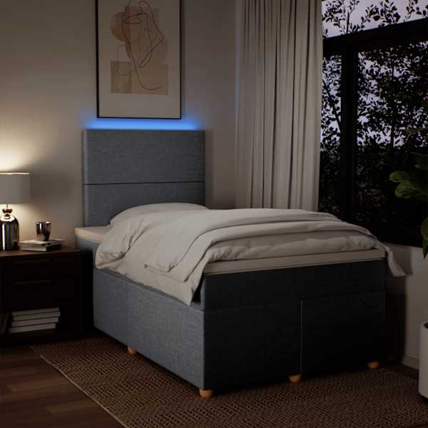 LED-valgustusega kontinentaalvoodi koos madratsiga, helehall, 120 × 200 cm, kangas — mudel 3293540