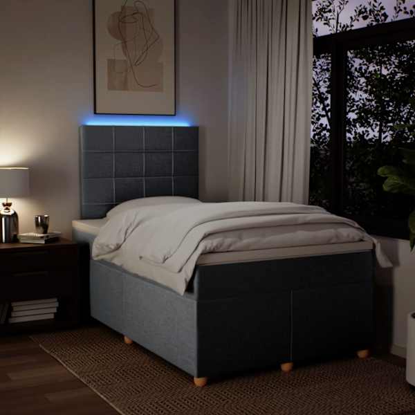 LED-valgustusega kontinentaalvoodi koos madratsiga, helehall, 120 × 200 cm, kangas — mudel 3293547