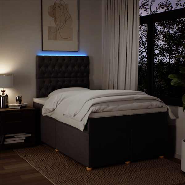 LED-valgustusega kontinentaalvoodi koos madratsiga, tumepruun, 120 × 200 cm, kangas — mudel 3293557
