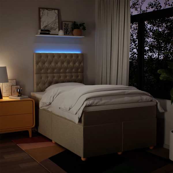 LED-valgustusega kontinentaalvoodi koos madratsiga, kreemjasvalge, 120 × 200 cm, kangas — mudel 3293559