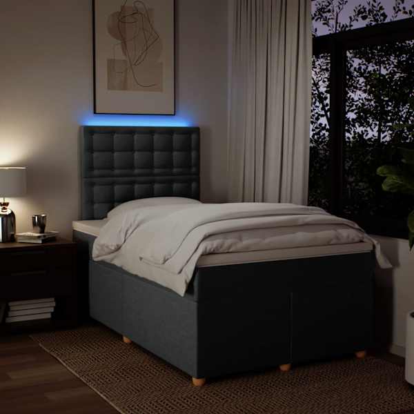 LED-valgustusega kontinentaalvoodi koos madratsiga, tumehall, 120 × 200 cm, kangas — mudel 3293562