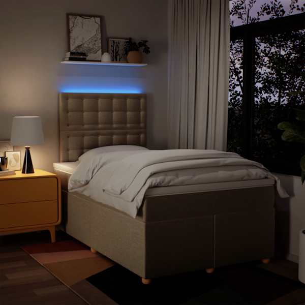 LED-valgustusega kontinentaalvoodi koos madratsiga, kreemjasvalge, 120 × 200 cm, kangas — mudel 3293566