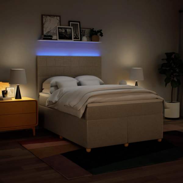 LED-valgustusega kontinentaalvoodi koos madratsiga, kreemjasvalge, 140 × 190 cm, kangas — mudel 3293580