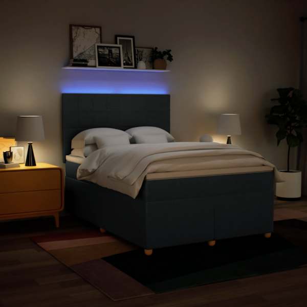 LED-valgustusega kontinentaalvoodi koos madratsiga, sinine, 140 × 190 cm, kangas — mudel 3293581