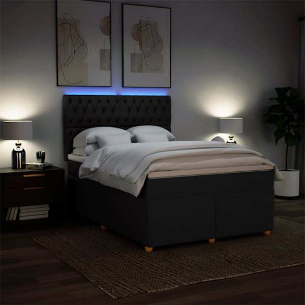 LED-valgustusega kontinentaalvoodi koos madratsiga, must, 140 × 190 cm, kangas — mudel 3293584