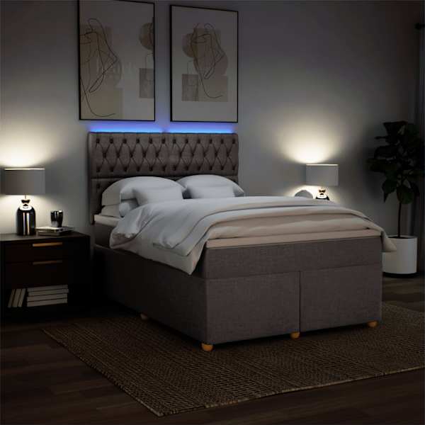 LED-valgustusega kontinentaalvoodi koos madratsiga, pruunikashall, 140 × 190 cm, kangas — mudel 3293586