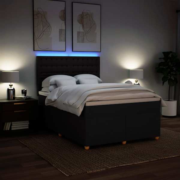 LED-valgustusega kontinentaalvoodi koos madratsiga, must, 140 × 190 cm, kangas — mudel 3293591