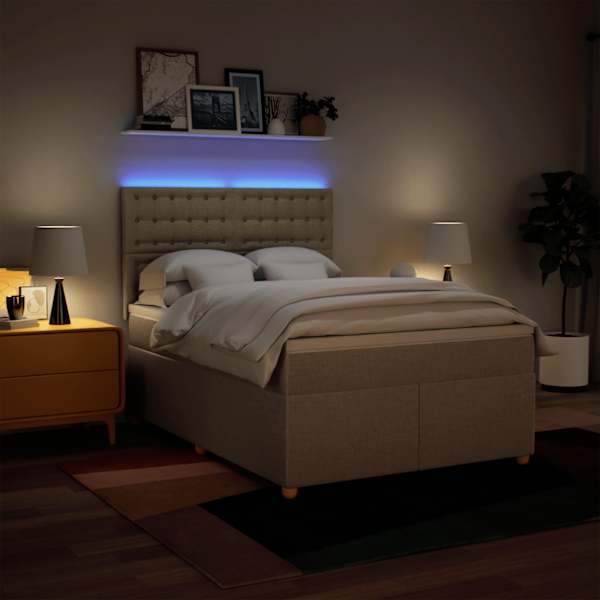LED-valgustusega kontinentaalvoodi koos madratsiga, kreemjasvalge, 140 × 190 cm, kangas — mudel 3293594