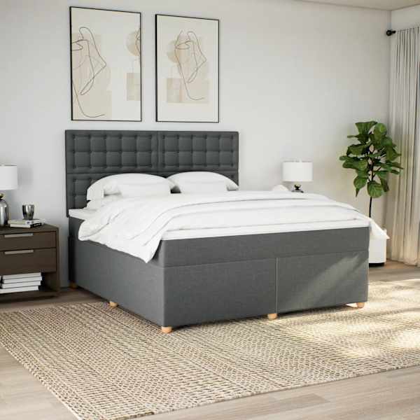 LED-valgustusega kontinentaalvoodi koos madratsiga, tumehall, 180 × 200 cm, kangas — mudel 3293674