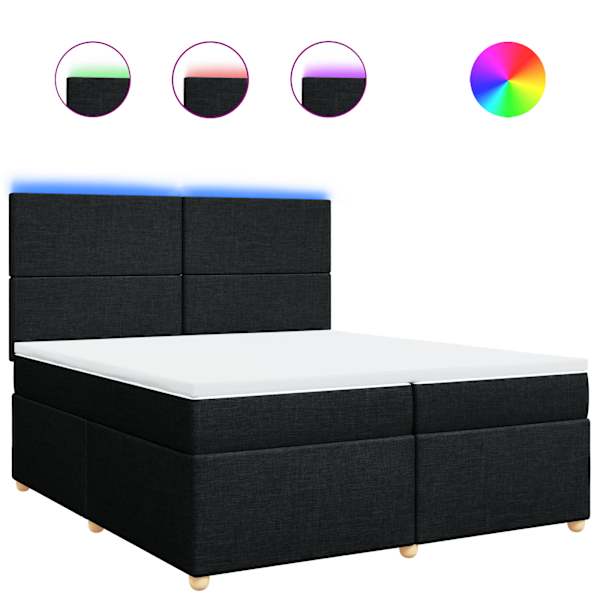 LED-valgustusega kontinentaalvoodi koos 2 madratsiga, must, 200 × 200 cm, kangas — mudel 3293682