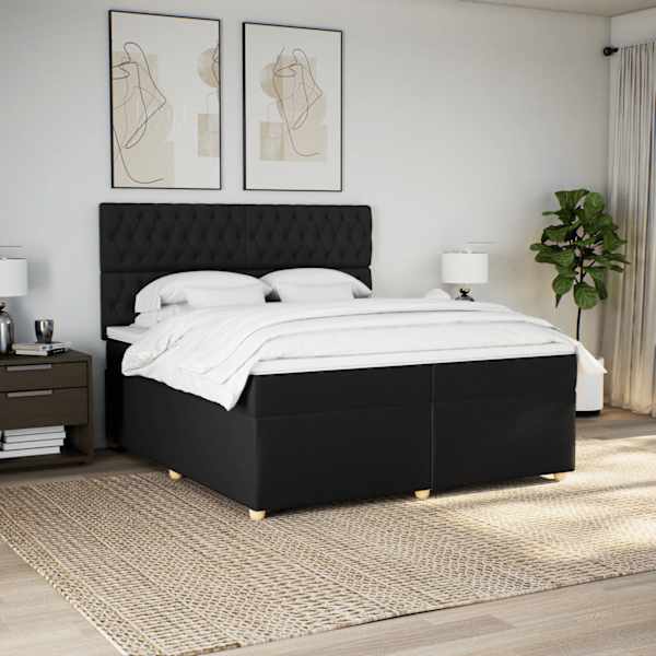 LED-valgustusega kontinentaalvoodi koos 2 madratsiga, must, 200 × 200 cm, kangas — mudel 3293696