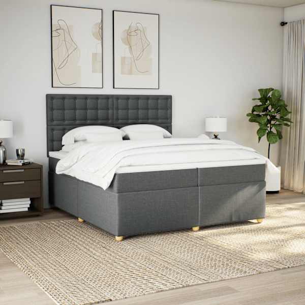LED-valgustusega kontinentaalvoodi koos 2 madratsiga, tumehall, 200 × 200 cm, kangas — mudel 3293702