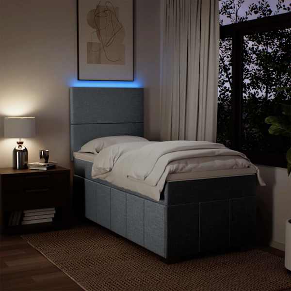 LED-valgustusega kontinentaalvoodi koos madratsiga, helehall, 80 × 200 cm, kangas — mudel 3293788