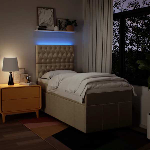 LED-valgustusega kontinentaalvoodi koos madratsiga, kreemjasvalge, 80 × 200 cm, kangas — mudel 3293807