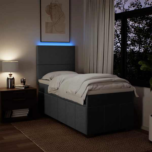 LED-valgustusega kontinentaalvoodi koos madratsiga, tumehall, 90 × 190 cm, kangas — mudel 3293817