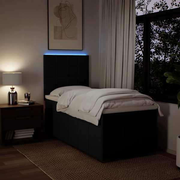 LED-valgustusega kontinentaalvoodi koos madratsiga, must, 90 × 190 cm, kangas — mudel 3293825