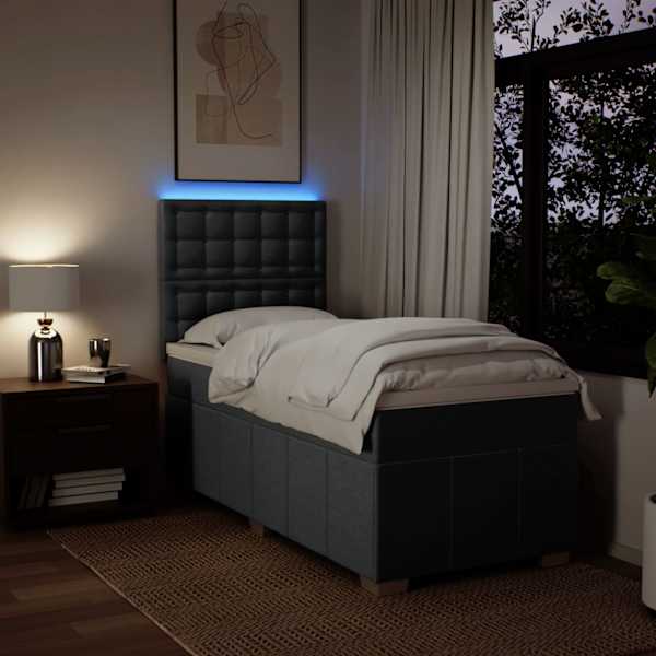 LED-valgustusega kontinentaalvoodi koos madratsiga, tumehall, 90 × 190 cm, kangas — mudel 3293838